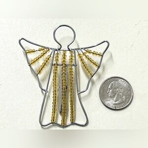 Vintage Artisan Crafted Hand Made Silver Tone Beaded Wire Clip On Angel Brooch